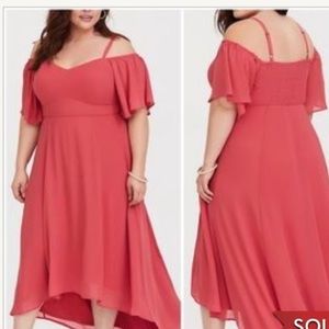 Never been worn Corral high low hem cold shoulder chiffon dress